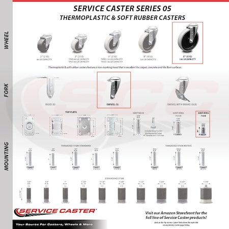 Service Caster 5 Inch Thermoplastic Rubber Wheel 7/8 Grip Ring Stem Caster SCC-GR05S510-TPRS-71678